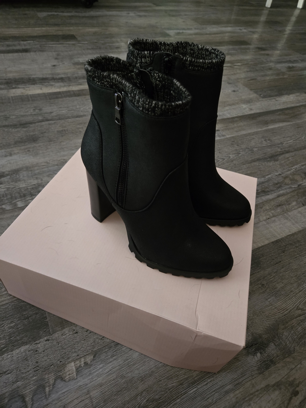 JustFab Black Faux Suede High Block Heel Ankle Boots with Knit Cuff